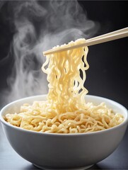 Steaming Noodles: A close-up shot showcases a bowl of freshly cooked, steaming noodles, held up by chopsticks, ready to be enjoyed. This image is a celebration of simple pleasure and culinary comfort.