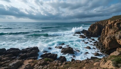 Crashing Waves on Rocky Coastline Under Dramatic Cloudy Sky Nature