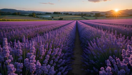 Obraz premium Lavender Field at Sunset Rows of Purple Blooms with Gentle Sunlight