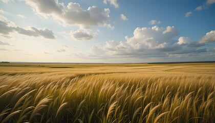 Obraz premium Golden Wheat Field Swaying in Wind Under Blue Sky with Clouds