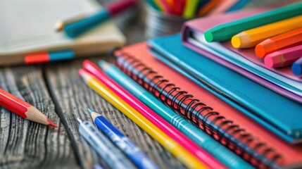 Notebooks, Pencils, and Pens on a Wooden Surface