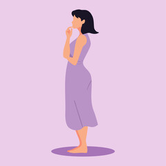 A woman thinking about an answer or solution to a problem with confusion and doubt. A thoughtful person with mental focus, curious to find an idea, make a decision or solve a question or riddle