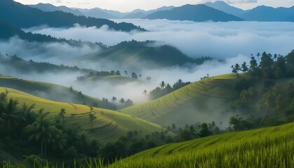 Green Rice Terraces with Morning Mist Over Rolling Hills Landscape