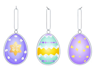 Three Colorful Easter Egg Decorations Hanging Against Transparent Background