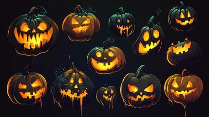 Spooky jack-o'-lanterns in various expressions