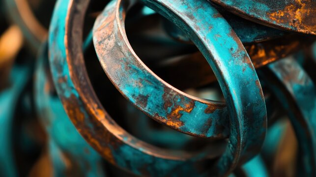 Overlapping Metal Rings with Blue-Green Patina and Rust