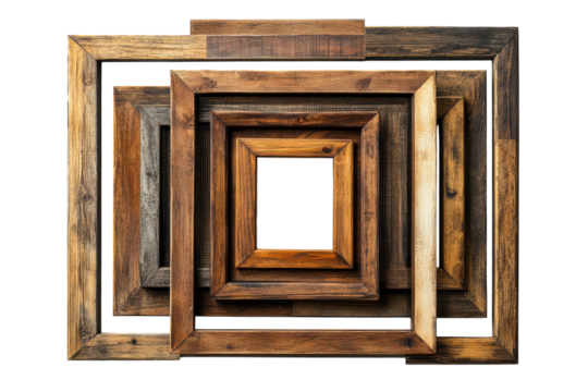 Nested rustic wooden picture frames on black background showcasing various sizes and textures of reclaimed wood creating a visually on transparent background