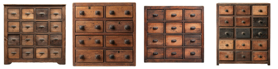 Fototapeta premium Vintage wooden cabinets with multiple drawers for storage and display.