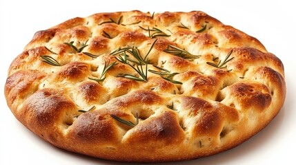 Freshly Baked Focaccia Bread with Rosemary on White Background