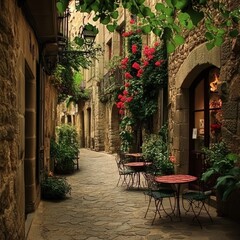 Fototapeta premium Picturesque alleyway lined with flowers and cafes