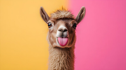 Fototapeta premium Llama sticking tongue out in playful pose 