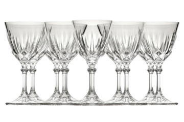 Six elegant crystal wine glasses arranged together perfect for a formal dinner party or special occasion Clear sparkling glassware on transparent background