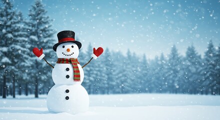 Fototapeta premium Snowman Standing in Snowy Forest During Snowfall