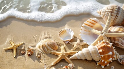 Seashells and Starfish on Beach Sand near Ocean Water
