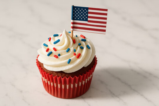 Decorative cupcake with american flag and patriotic sprinkles displayed on marble surface