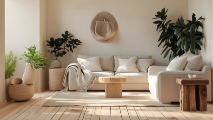 Obraz premium Serene Minimalist Living Room Design Neutral Tones, Natural Light, and Indoor Plants