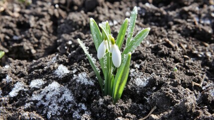 Fototapeta premium Two Snowdrop Flowers with Ice on Soil