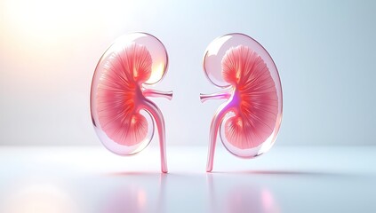 3D Illustration of Transparent Human Kidneys with Soft Rainbow Reflections, Floating in Minimalistic Medical Scene