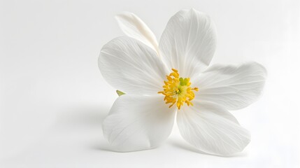 Obraz premium A pristine white snowdrop anemone blossom with a bright yellow center, elegantly isolated on a white background.