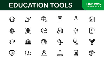 Modern Education Tools Icon Set Vector Illustration. Featuring Essential Symbols for Learning, Teaching, and Study to Enhance for Educational Projects.
