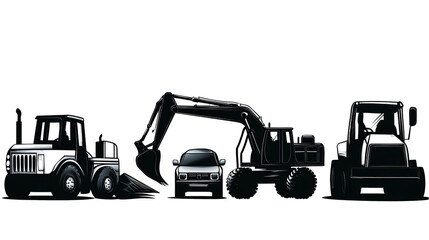 Naklejka premium Silhouette Heavy Construction Equipment on Isolated Black Background