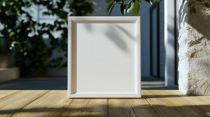 White Frame Mockup in Sunlit Room with Greenery