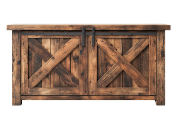 Rustic Farmhouse Media Console Reclaimed Wood Sliding Barn Doors Dark Brown Distressed Finish on transparent background