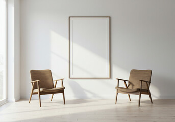 Bright minimal interior with wooden chairs, white walls, and framed artwork in sunlight