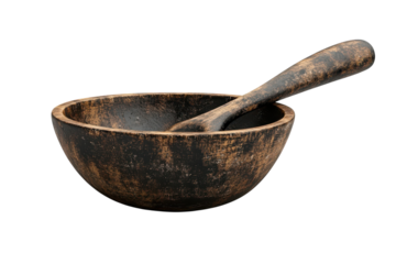 Rustic Wooden Bowl and Spoon Set Perfect for Serving or Decoration with Dark Aged Finish and on transparent background