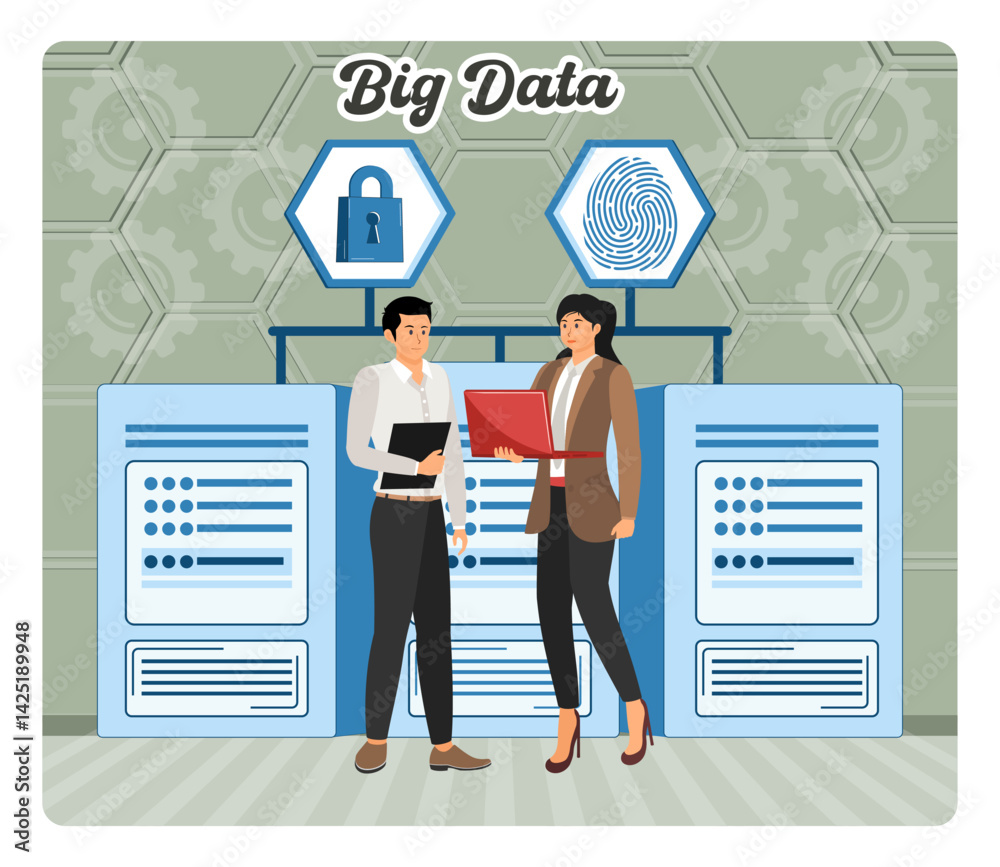 Poster big data project. business team analyzing big data concepts with security and technology integration