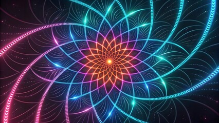 A vibrant cosmic flower blooming in a mesmerizing spiral of neon light, radiating energy and ethereal beauty in a dark, starry backdrop.