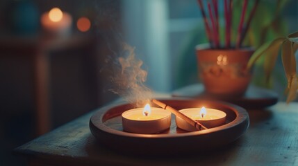 Two lit candles on a wooden tray, with smoke rising, in a warm, inviting interior setting.