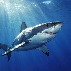 Naklejka premium Great white shark in the deep blue ocean. Sunlight beams through the water