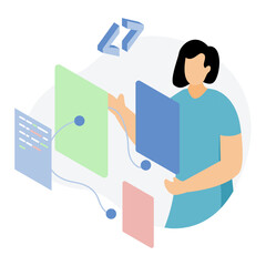 Front End Web Development Illustrator working on HTML, CSS code on a desktop. Atmosphere is focused, creative. Perfect for web design, coding tutorials.