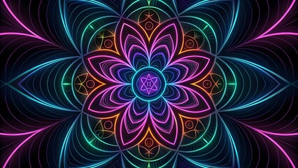 A vibrant cosmic flower unfolds in a mesmerizing neon mandala, glowing with iridescent energy and intricate geometric details.