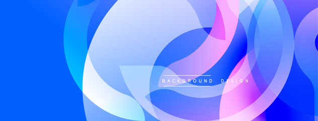 Abstract design features overlapping circles, gradients from blue to pink. Modern aesthetic, clean lines create dynamic visual experience. Background suggests technology, innovation.