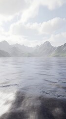 Serene landscape with calm water and distant mountains under a cloudy sky.