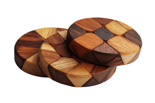 Intricate Wooden Puzzle Discs A captivating handcrafted design of interlocking geometric shapes in rich warm wood tones creating a on transparent background