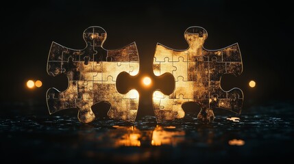 Celebrates business partnerships in the form of two matching puzzle pieces in a sophisticated mood and lighting