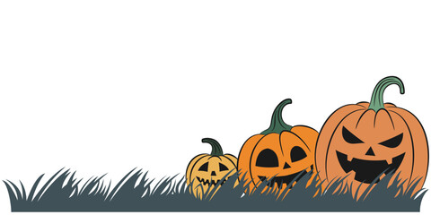 Halloween Pumpkins in Grass – Color Vector Illustration of Jack-o’-Lanterns