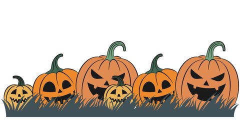 Smiling Halloween Pumpkins in Grass – Color Vector Jack-o’-Lantern Illustration