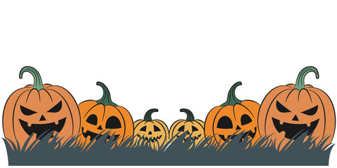 Group of Halloween Pumpkins Hidden in Grass – Color Vector Jack-o’-Lantern Illustration

