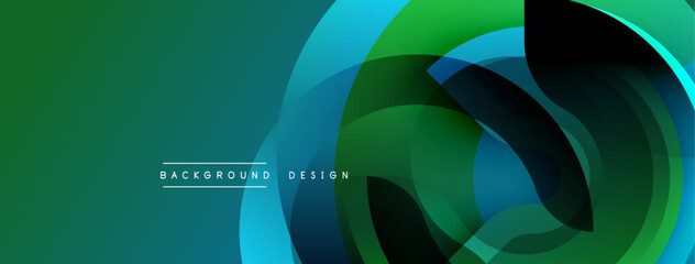 Abstract design features layered, translucent shapes. Colors blendgreens, blues, blackcreating dynamic visual flow. Modern aesthetic suitable for backgrounds, banners.