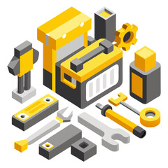Obraz premium Isometric Illustration Of A Tool Set Yellow And Gray Icons 