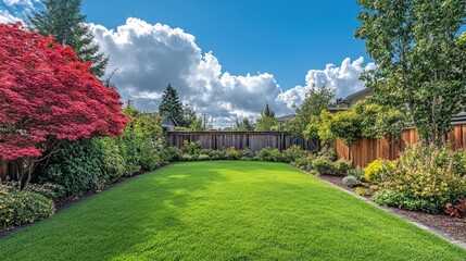 Lush green lawn with manicured gardens and a wooden fence under a blue sky. Perfect for illustrating landscaping, home improvement, or outdoor living concepts.