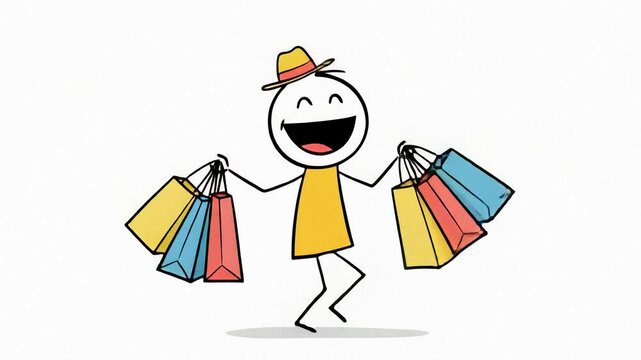 Joyful Stick Figure Celebrates Shopping Spree with Colorful Bags