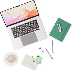 top view of laptop, notebook, envelope, cup of coffee, stapler, pen, pencil, and sticky notes