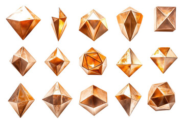 Stunning collection of 15 copper geometric shapes artfully arranged against a stark black background Each unique design showcases intricate on transparent background