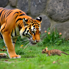 Naklejka premium A tiger crouched low, preparing to pounce on its unsuspecting prey.