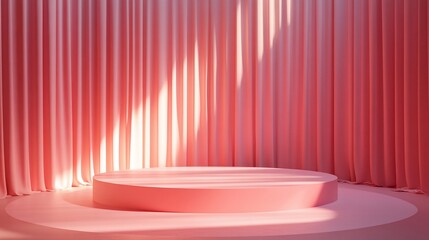 Pink circular podium, soft lighting, draped curtains